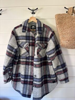 Roots Seymour Plaid Wool Shacket, grey, navy, burgundy, large